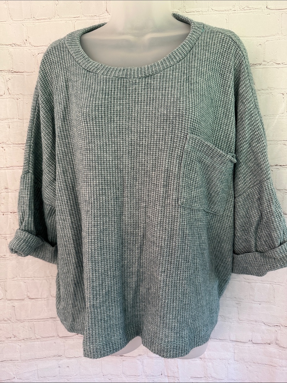 White Birch Relaxed Waffle-Knit Pocket Sweater - Mint Green oversized S